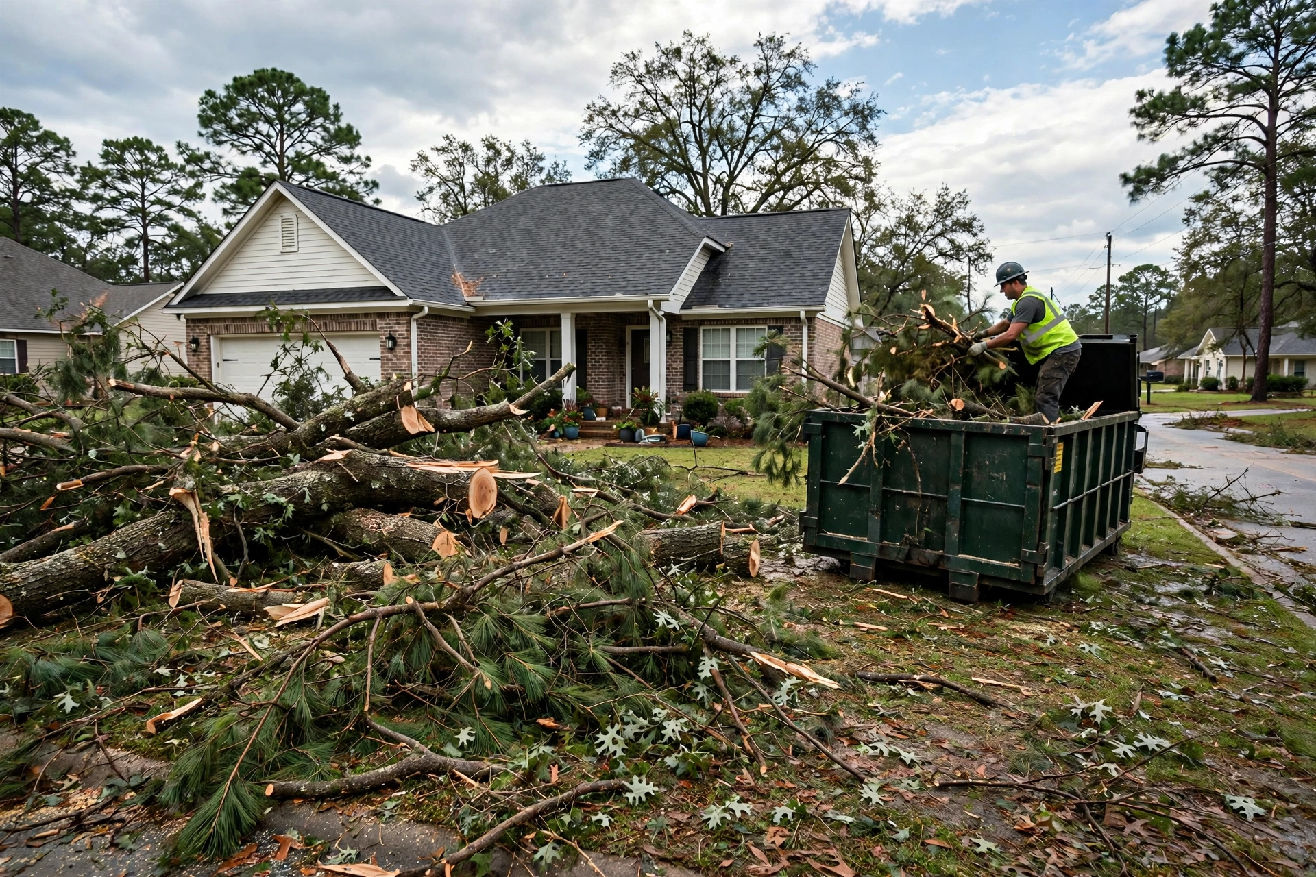 storm debris cleanup Longview TX — fallen tree limbs loaded into roll-off dumpster